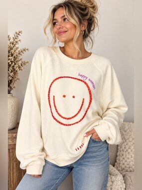 Peace Love World Happy Woman Smiley Face Embroidered Sweatshirt Large